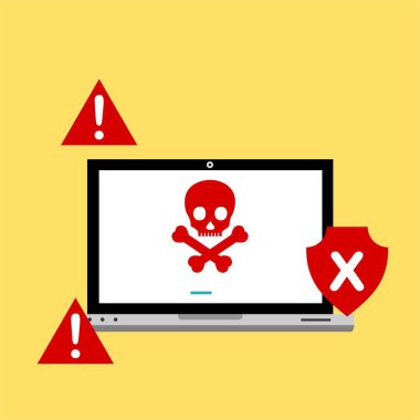 Bilgisayar virüsü alarmı. Kötü amaçlı dizüstü bilgisayar dolandırıcılığı güvenlik hatası kafatası mesajı.