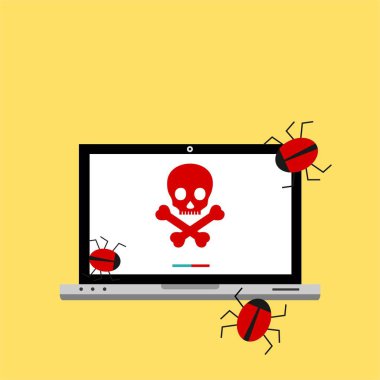 Bilgisayar virüsü alarmı. Kötü amaçlı dizüstü bilgisayar dolandırıcılığı güvenlik hatası kafatası mesajı.