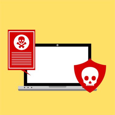 Bilgisayar virüsü alarmı. Kötü amaçlı dizüstü bilgisayar dolandırıcılığı güvenlik hatası kafatası mesajı.