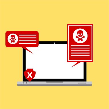 Bilgisayar virüsü alarmı. Kötü amaçlı dizüstü bilgisayar dolandırıcılığı güvenlik hatası kafatası mesajı.