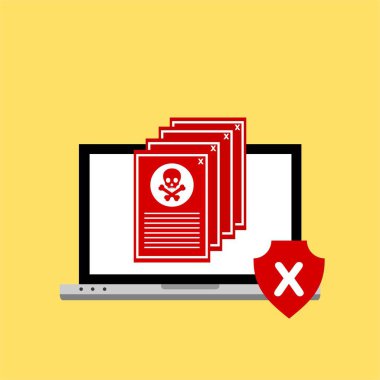 Bilgisayar virüsü alarmı. Kötü amaçlı dizüstü bilgisayar dolandırıcılığı güvenlik hatası kafatası mesajı.