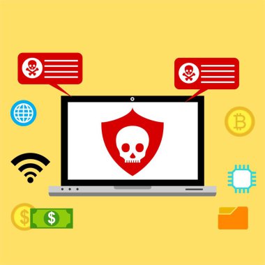 Bilgisayar virüsü alarmı. Kötü amaçlı dizüstü bilgisayar dolandırıcılığı güvenlik hatası kafatası mesajı.