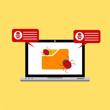 Bilgisayar virüsü alarmı. Kötü amaçlı dizüstü bilgisayar dolandırıcılığı güvenlik hatası kafatası mesajı.