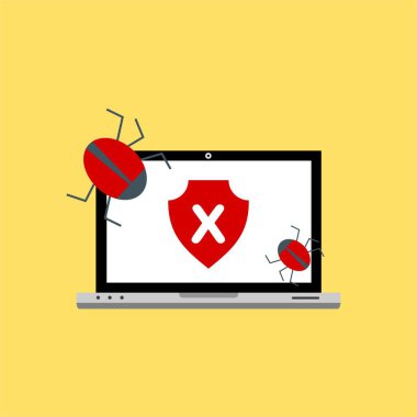 Bilgisayar virüsü alarmı. Kötü amaçlı dizüstü bilgisayar dolandırıcılığı güvenlik hatası kafatası mesajı.