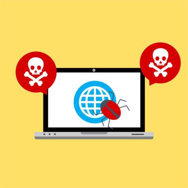 Bilgisayar virüsü alarmı. Kötü amaçlı dizüstü bilgisayar dolandırıcılığı güvenlik hatası kafatası mesajı.