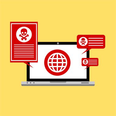 Bilgisayar virüsü alarmı. Kötü amaçlı dizüstü bilgisayar dolandırıcılığı güvenlik hatası kafatası mesajı.