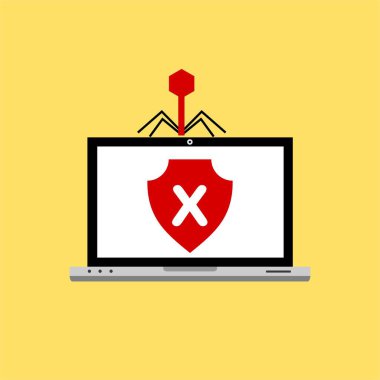 Bilgisayar virüsü alarmı. Kötü amaçlı dizüstü bilgisayar dolandırıcılığı güvenlik hatası kafatası mesajı.