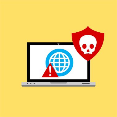 Bilgisayar virüsü alarmı. Kötü amaçlı dizüstü bilgisayar dolandırıcılığı güvenlik hatası kafatası mesajı.