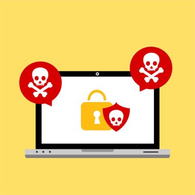 Bilgisayar virüsü alarmı. Kötü amaçlı dizüstü bilgisayar dolandırıcılığı güvenlik hatası kafatası mesajı.
