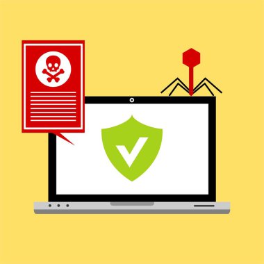 Bilgisayar virüsü alarmı. Kötü amaçlı dizüstü bilgisayar dolandırıcılığı güvenlik hatası kafatası mesajı.