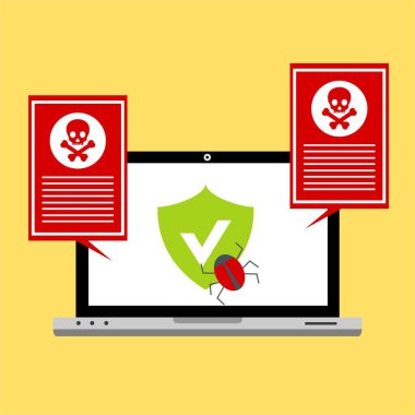 Bilgisayar virüsü alarmı. Kötü amaçlı dizüstü bilgisayar dolandırıcılığı güvenlik hatası kafatası mesajı.