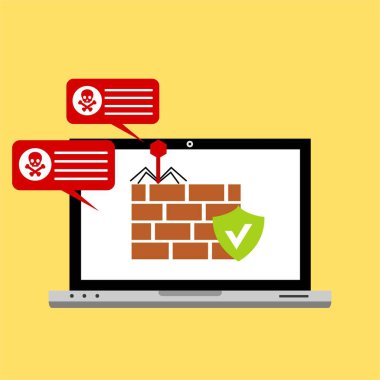 Bilgisayar virüsü alarmı. Kötü amaçlı dizüstü bilgisayar dolandırıcılığı güvenlik hatası kafatası mesajı.