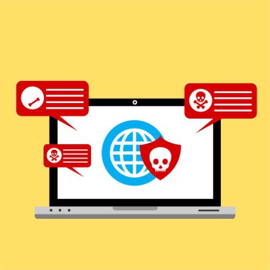 Bilgisayar virüsü alarmı. Kötü amaçlı dizüstü bilgisayar dolandırıcılığı güvenlik hatası kafatası mesajı.