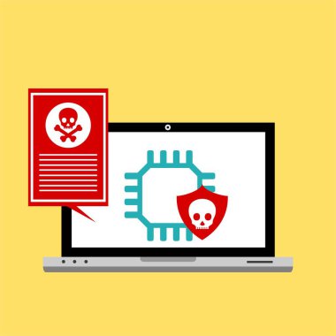 Bilgisayar virüsü alarmı. Kötü amaçlı dizüstü bilgisayar dolandırıcılığı güvenlik hatası kafatası mesajı.