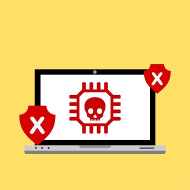 Bilgisayar virüsü alarmı. Kötü amaçlı dizüstü bilgisayar dolandırıcılığı güvenlik hatası kafatası mesajı.