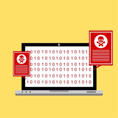 Bilgisayar virüsü alarmı. Kötü amaçlı dizüstü bilgisayar dolandırıcılığı güvenlik hatası kafatası mesajı.