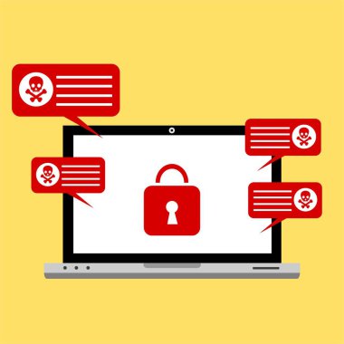 Bilgisayar virüsü alarmı. Kötü amaçlı dizüstü bilgisayar dolandırıcılığı güvenlik hatası kafatası mesajı.