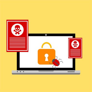 Bilgisayar virüsü alarmı. Kötü amaçlı dizüstü bilgisayar dolandırıcılığı güvenlik hatası kafatası mesajı.