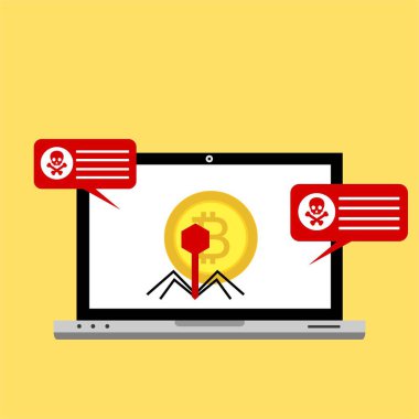 Bilgisayar virüsü alarmı. Kötü amaçlı dizüstü bilgisayar dolandırıcılığı güvenlik hatası kafatası mesajı.