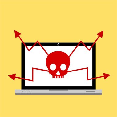 Bilgisayar virüsü alarmı. Kötü amaçlı dizüstü bilgisayar dolandırıcılığı güvenlik hatası kafatası mesajı.