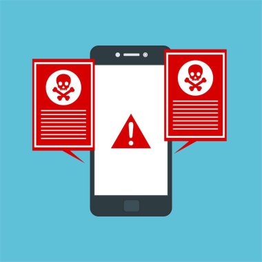 Akıllı telefon virüsü virüs virüsü Truva virüsü bildirimi ya da alarmı. Hacker saldırısı, Veri Koruma Vektörü kavramı.