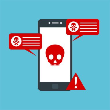 Akıllı telefon virüsü virüs virüsü Truva virüsü bildirimi ya da alarmı. Hacker saldırısı, Veri Koruma Vektörü kavramı.