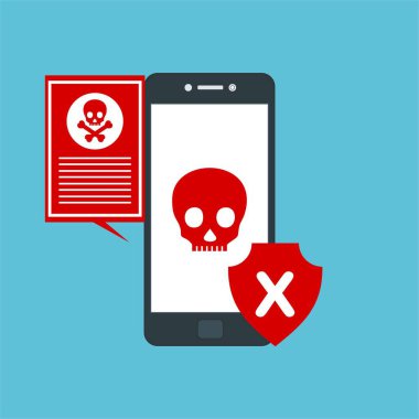 Akıllı telefon virüsü virüs virüsü Truva virüsü bildirimi ya da alarmı. Hacker saldırısı, Veri Koruma Vektörü kavramı.