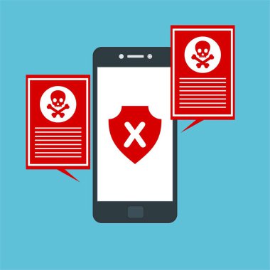 Akıllı telefon virüsü virüs virüsü Truva virüsü bildirimi ya da alarmı. Hacker saldırısı, Veri Koruma Vektörü kavramı.
