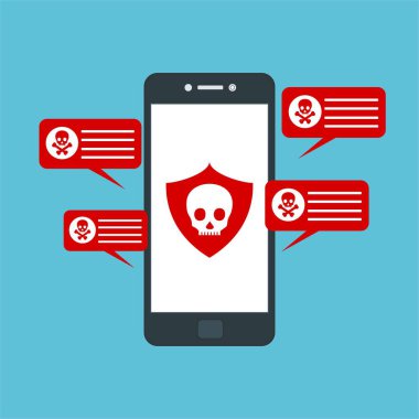 Akıllı telefon virüsü virüs virüsü Truva virüsü bildirimi ya da alarmı. Hacker saldırısı, Veri Koruma Vektörü kavramı.