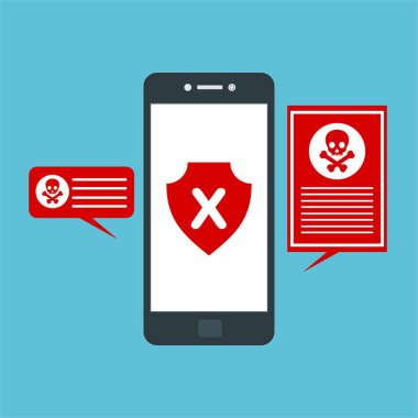 Akıllı telefon virüsü virüs virüsü Truva virüsü bildirimi ya da alarmı. Hacker saldırısı, Veri Koruma Vektörü kavramı.