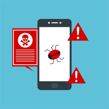 Akıllı telefon virüsü virüs virüsü Truva virüsü bildirimi ya da alarmı. Hacker saldırısı, Veri Koruma Vektörü kavramı.