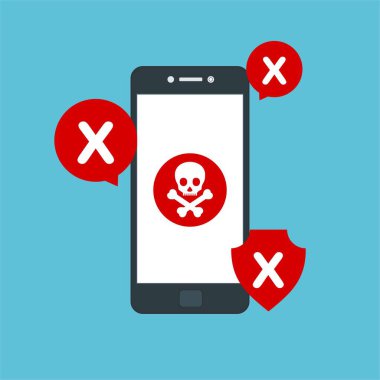 Akıllı telefon virüsü virüs virüsü Truva virüsü bildirimi ya da alarmı. Hacker saldırısı, Veri Koruma Vektörü kavramı.