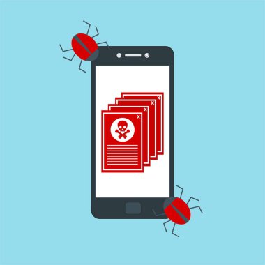 Akıllı telefon virüsü virüs virüsü Truva virüsü bildirimi ya da alarmı. Hacker saldırısı, Veri Koruma Vektörü kavramı.