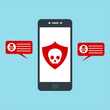 Akıllı telefon virüsü virüs virüsü Truva virüsü bildirimi ya da alarmı. Hacker saldırısı, Veri Koruma Vektörü kavramı.