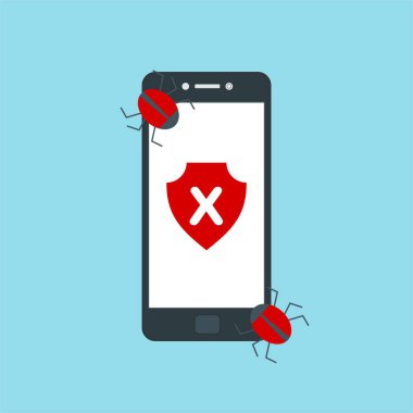 Akıllı telefon virüsü virüs virüsü Truva virüsü bildirimi ya da alarmı. Hacker saldırısı, Veri Koruma Vektörü kavramı.