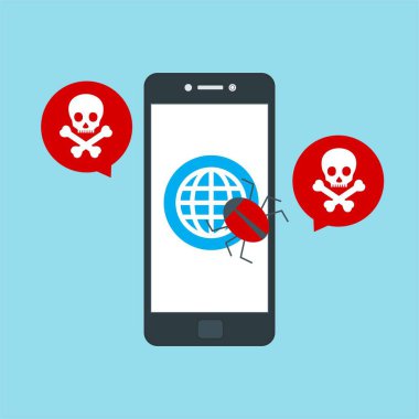 Akıllı telefon virüsü virüs virüsü Truva virüsü bildirimi ya da alarmı. Hacker saldırısı, Veri Koruma Vektörü kavramı.