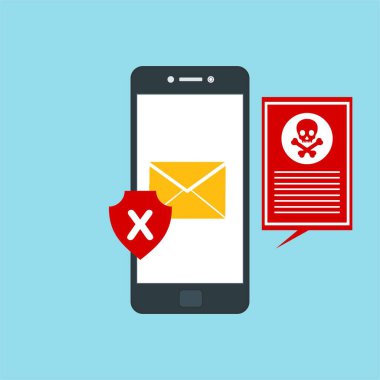 Akıllı telefon virüsü virüs virüsü Truva virüsü bildirimi ya da alarmı. Hacker saldırısı, Veri Koruma Vektörü kavramı.