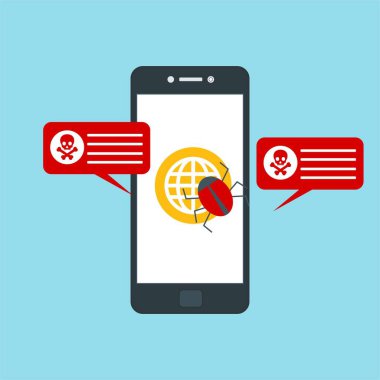 Akıllı telefon virüsü virüs virüsü Truva virüsü bildirimi ya da alarmı. Hacker saldırısı, Veri Koruma Vektörü kavramı.