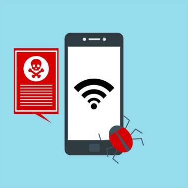 Akıllı telefon virüsü virüs virüsü Truva virüsü bildirimi ya da alarmı. Hacker saldırısı, Veri Koruma Vektörü kavramı.