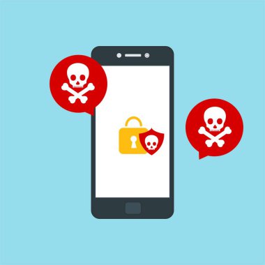 Akıllı telefon virüsü virüs virüsü Truva virüsü bildirimi ya da alarmı. Hacker saldırısı, Veri Koruma Vektörü kavramı.