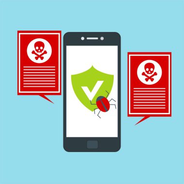 Akıllı telefon virüsü virüs virüsü Truva virüsü bildirimi ya da alarmı. Hacker saldırısı, Veri Koruma Vektörü kavramı.