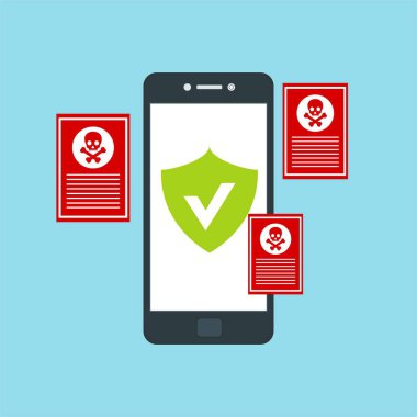 Akıllı telefon virüsü virüs virüsü Truva virüsü bildirimi ya da alarmı. Hacker saldırısı, Veri Koruma Vektörü kavramı.