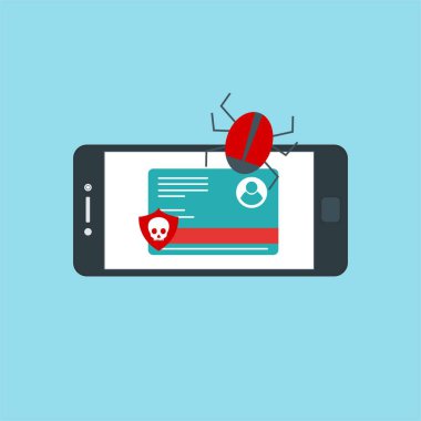 Akıllı telefon virüsü virüs virüsü Truva virüsü bildirimi ya da alarmı. Hacker saldırısı, Veri Koruma Vektörü kavramı.