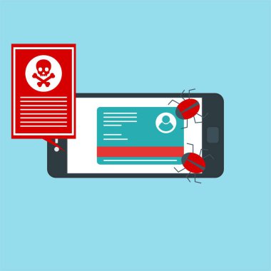 Akıllı telefon virüsü virüs virüsü Truva virüsü bildirimi ya da alarmı. Hacker saldırısı, Veri Koruma Vektörü kavramı.