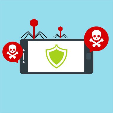 Akıllı telefon virüsü virüs virüsü Truva virüsü bildirimi ya da alarmı. Hacker saldırısı, Veri Koruma Vektörü kavramı.