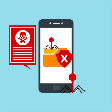 Akıllı telefon virüsü virüs virüsü Truva virüsü bildirimi ya da alarmı. Hacker saldırısı, Veri Koruma Vektörü kavramı.