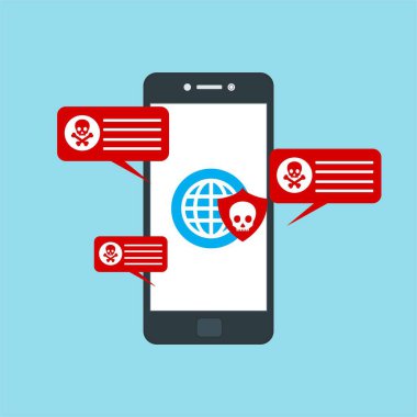 Akıllı telefon virüsü virüs virüsü Truva virüsü bildirimi ya da alarmı. Hacker saldırısı, Veri Koruma Vektörü kavramı.