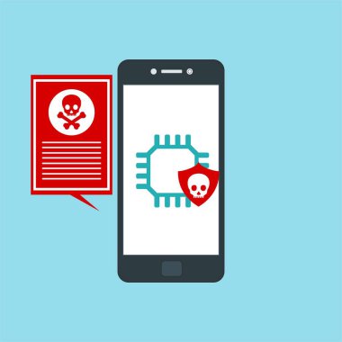 Akıllı telefon virüsü virüs virüsü Truva virüsü bildirimi ya da alarmı. Hacker saldırısı, Veri Koruma Vektörü kavramı.