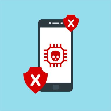 Akıllı telefon virüsü virüs virüsü Truva virüsü bildirimi ya da alarmı. Hacker saldırısı, Veri Koruma Vektörü kavramı.