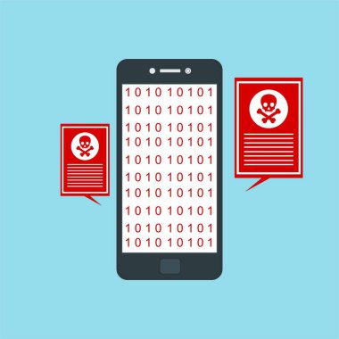 Akıllı telefon virüsü virüs virüsü Truva virüsü bildirimi ya da alarmı. Hacker saldırısı, Veri Koruma Vektörü kavramı.